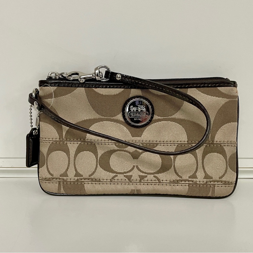 Coach Khaki Signature Canvas Wristlet with Dark Brown Trim